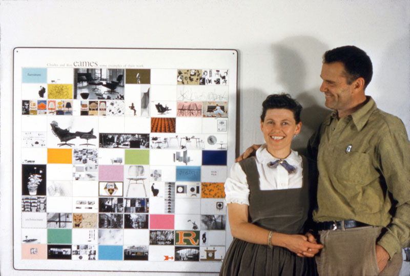 2. The World of Charles and Ray Eames. The couple with a panel of work made for the American Institute of Architects 1957. Eames Office LLC