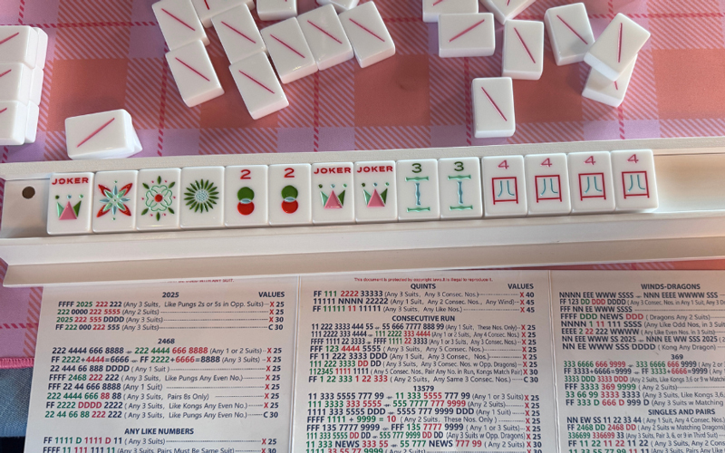 Mahjong tiles on a wooden tile rack. In the background are tiles scattered about, face-down. In the foreground are instructions on how to play Mahjong.