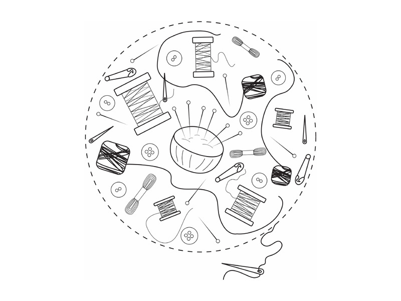 Sewing needles, thread, bobbins, pin cushions and other objects arranged in circle