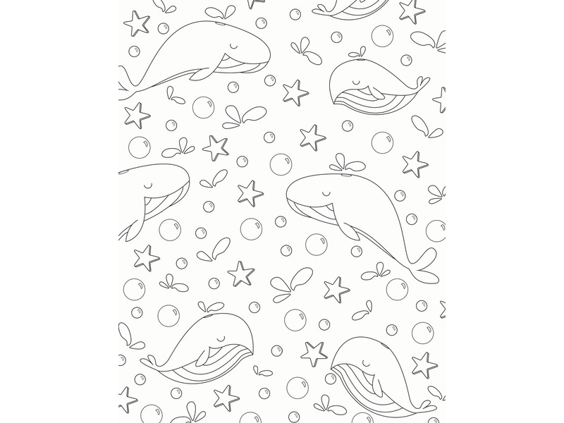 Repeating pattern of whales, bubbles, and starfish