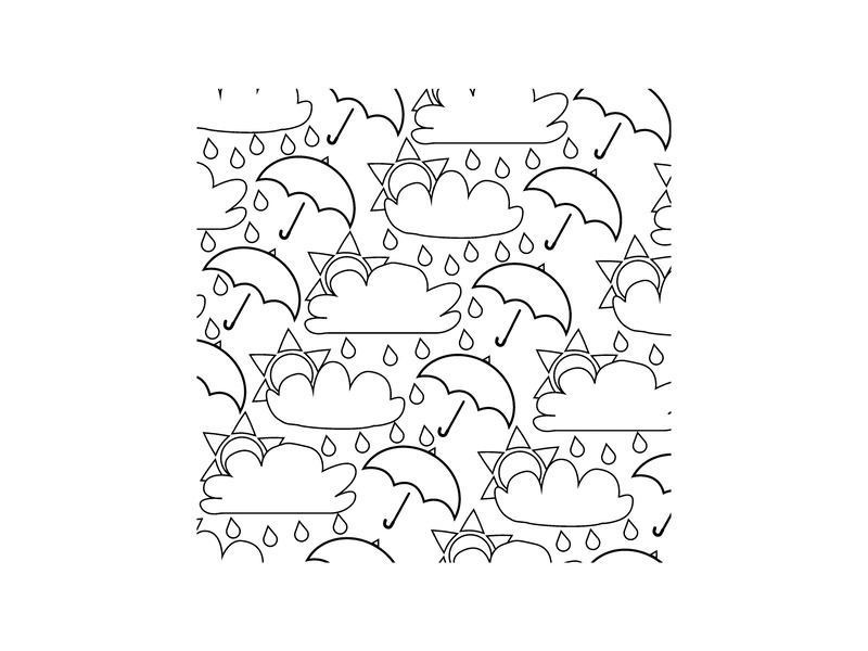 Rainy clouds and umbrellas in a repeating diagonal pattern